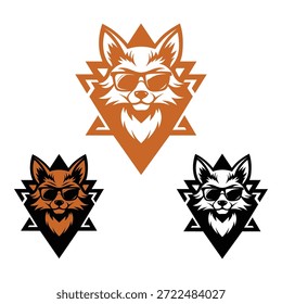 Three stylized fox heads with sunglasses inside triangular shapes in orange black and white animal
