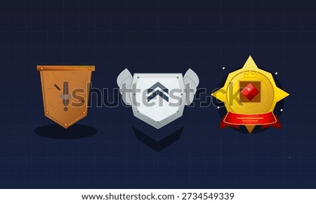 Three stylized game achievement badges featuring a bronze shield with a sword, a silver winged shield with chevrons, and a gold star medal with a red gem and ribbon.