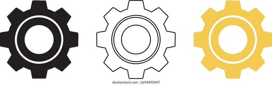 Tres iconos de engranajes estilizados en negro, contorno y oro, que representan la industria, la mecánica y los conceptos de ingeniería.