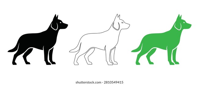 Three stylized German Shepherd dog illustrations in black, white outline, and green, ideal for logos, pet businesses, or breed-specific designs.