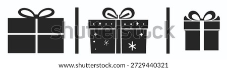 three stylized gift box icons with bows in a minimalist