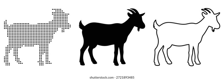 Three stylized goat representations: pixelated, solid black, and line art
