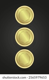 Three stylized golden button with a metallic shine, showcasing a minimalist design. The dark backdrop enhances the cois glowing appearance, symbolizing wealth, success.