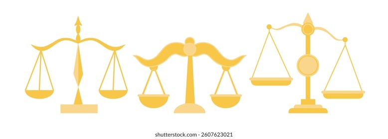 Three stylized golden justice balance scale icons in flat graphic style on a white background. Concept of law, fairness, and legal equality. Vector illustration