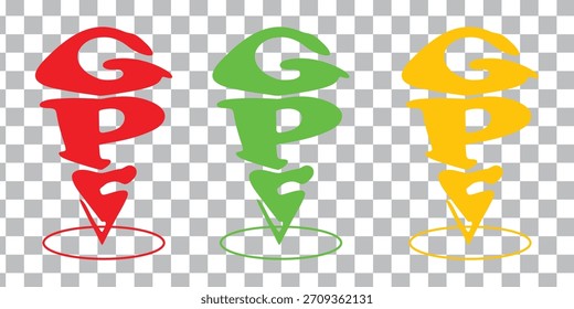 Três pinos de localização GPS estilizados em vermelho, verde e amarelo, isolados em um fundo quadriculado transparente.