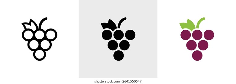 Three stylized grape illustrations. The first is a line art drawing, the second is a filled black silhouette, and the third is a colored version with purple grapes and green leaves.
