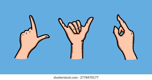Three stylized hand gesture illustrations showing a shaka hang loose, an L shaped finger sign and an OK pinch symbol on a bright blue background, suitable for communication and lifestyle themes.