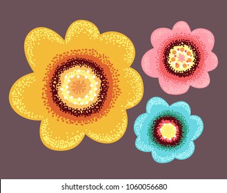 Three stylized hand-drawn flowers. Three flowers, blue, yellow and pink. Dotwork, Impressionnisme style. Vector, isolated. On purple background