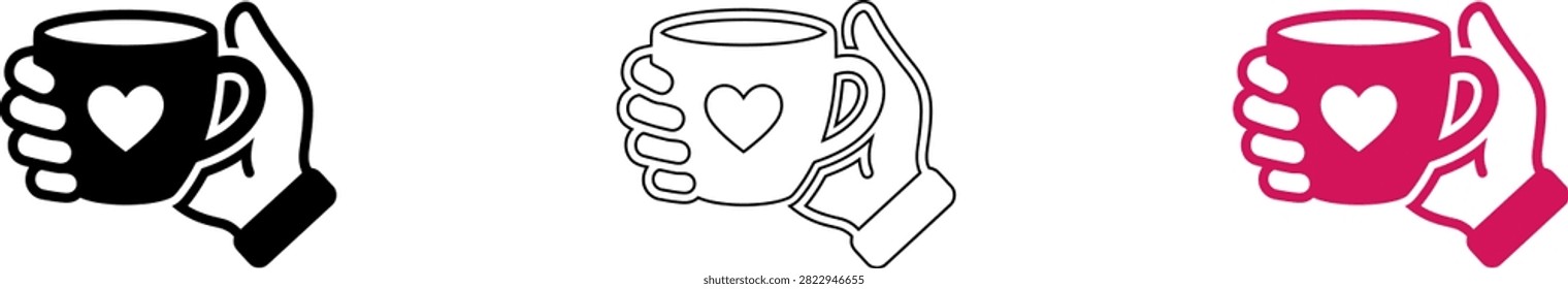 Three stylized hands holding coffee cups with heart icons in different colors isolated on transparent background, Vector