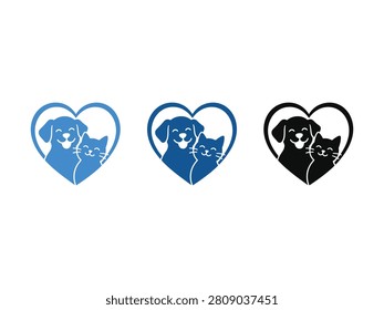 Three stylized heart icons featuring a dog and cat silhouette inside each heart.