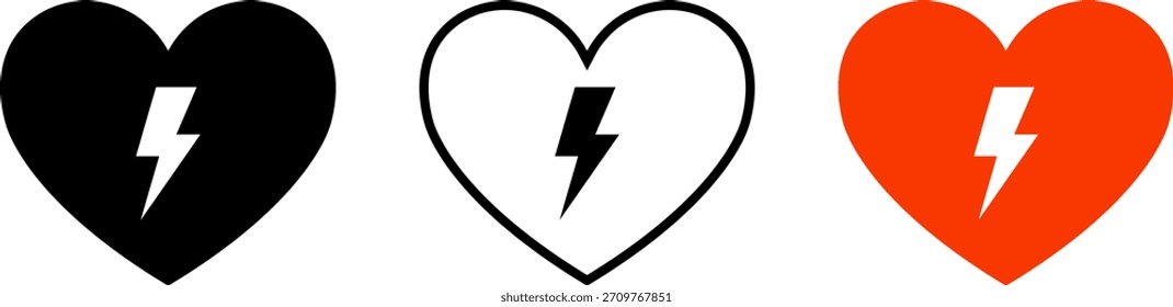 Three stylized heart shapes are displayed side by side. Each heart contains a lightning bolt symbol. The hearts are colored black white and orange.