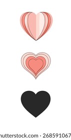 Tres Formas de corazón estilizadas en diversas interpretaciones artísticas y colores.