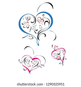 three stylized hearts with flowers on white background