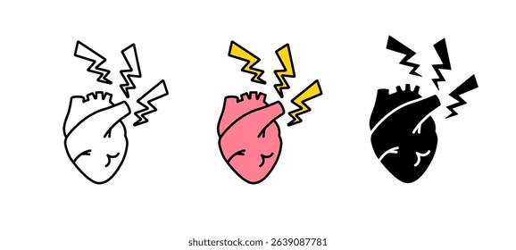 Three stylized hearts with lightning bolts, showing shock or emotional impact. color variations included.