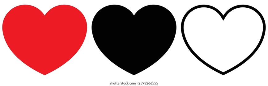 Three stylized hearts, one red, one black, and one black outlined, conveying love, contrast, and artistic representation.