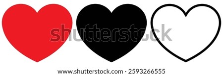 Three stylized hearts, one red, one black, and one black outlined, conveying love, contrast, and artistic representation.