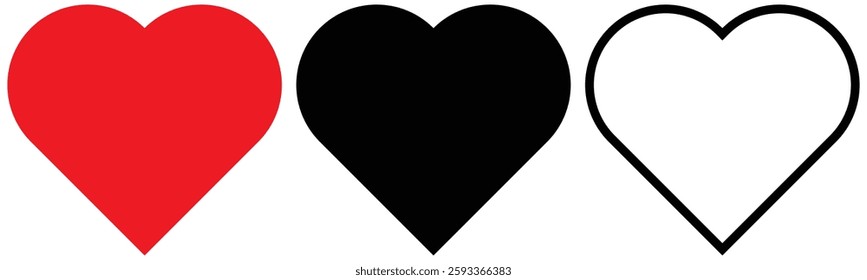 Three stylized hearts, red solid, black solid, and black outlined, conveying love, emotion, and simple design elements.