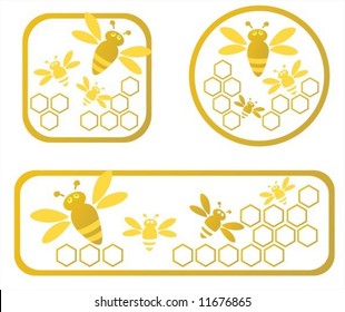 Three stylized honey frames with honeycomb and bees.