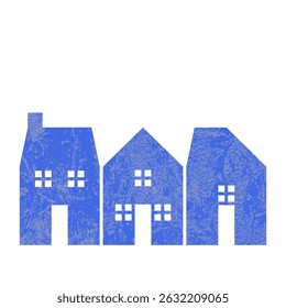 Three Stylized House Shapes with Grunge in Different shades of blue Against White Background.