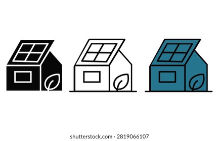 Three stylized houses featuring solar panels on roofs and leaf symbols isolated on transparent background