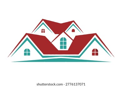 Three stylized houses with red roofs and teal windows on a white background