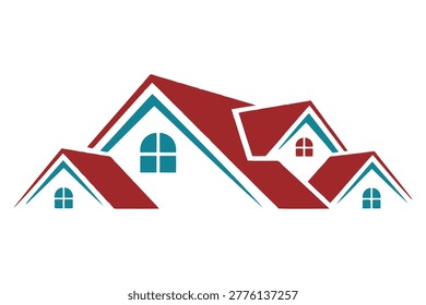 Three stylized houses with red roofs and teal windows in a minimalist