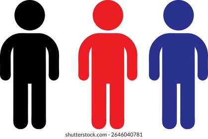 Tres figuras humanas estilizadas en negro, rojo y azul están una al lado de la otra sobre un fondo blanco. Simple, atrevido y gráfico.