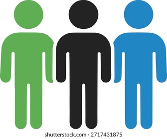 Tres figuras humanas estilizadas con una figura central negra y dos figuras flanqueantes en azul y verde sobre un fondo blanco