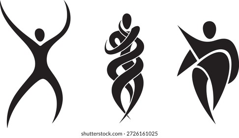 Tres figuras humanas estilizadas en diferentes poses, que transmiten movimiento y energía