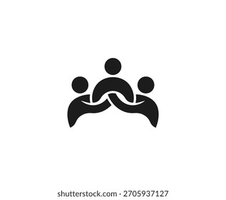 Three stylized human figures with interlocked arms forming a symbol of unity, community, support, and solidarity, isolated on white background