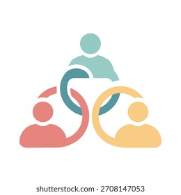 Three stylized human figures in pastel colors are interconnected by interlocking rings, symbolizing community, teamwork, and social networking