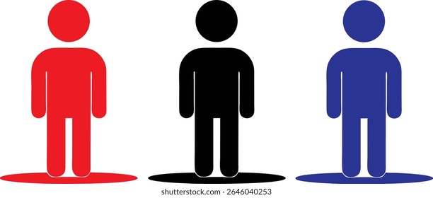 Three stylized human figures in red, black, and blue, standing on colored circles, isolated on a white background.