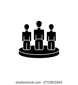 Three stylized human figures standing on a circular podium representing ranking and winners in a competition or award ceremony.