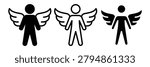 Three stylized human figures with wings, symbolizing angels or spiritual themes, in black and white.