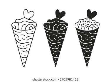 Tres conos de helado estilizados con corazones en la parte superior en blanco y negro