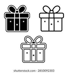 Three stylized icon variations of wrapped gift boxes with bows and star decorations for festive occasions