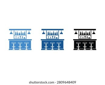 Three stylized icons of a bar counter with stools and bottles displayed in blue and black.