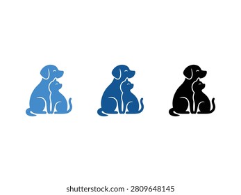 Three stylized icons of a dog and cat sitting together in different blue and black color variations.