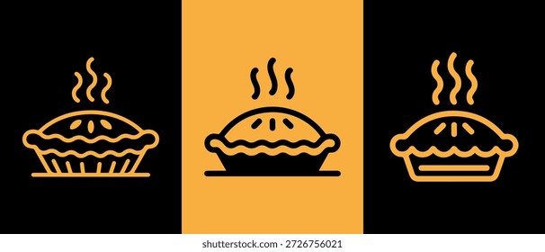 Tres iconos estilizados de pasteles calientes y humeantes mostrados en una fila Horizontal sobre un fondo negro y naranja.