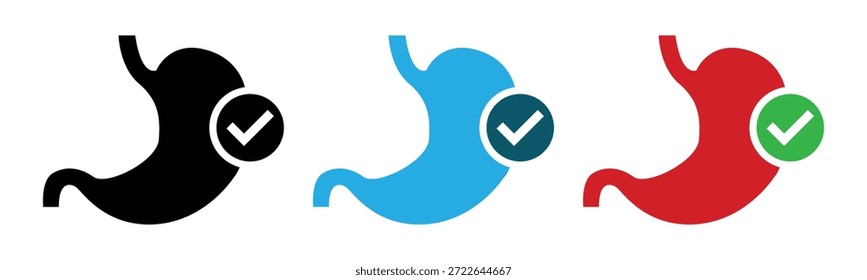 Tres íconos estilizados de un estómago humano en negro, azul y rojo, cada uno con una marca de verificación que indica salud o Aprobación.