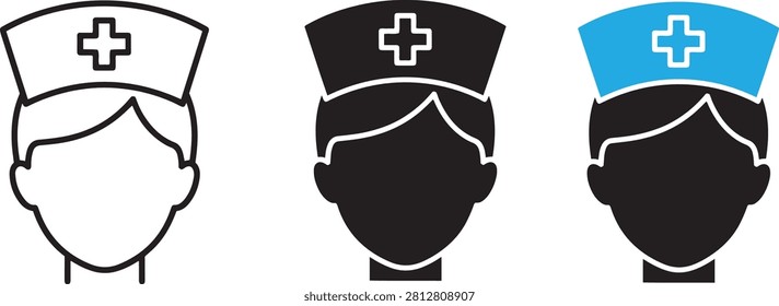 Three stylized icons of a nurse wearing a medical cap with a cross symbol, presented in outline, solid black, and colored variations.