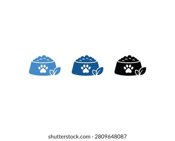Three stylized icons of pet food bowls, each featuring a paw print and a leaf symbol, representing healthy pet nutrition.