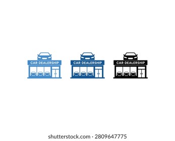 Three stylized icons representing a car dealership building with cars displayed inside and on top.
