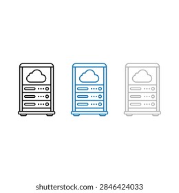 Three stylized icons representing cloud computing server racks with digital data storage elements.