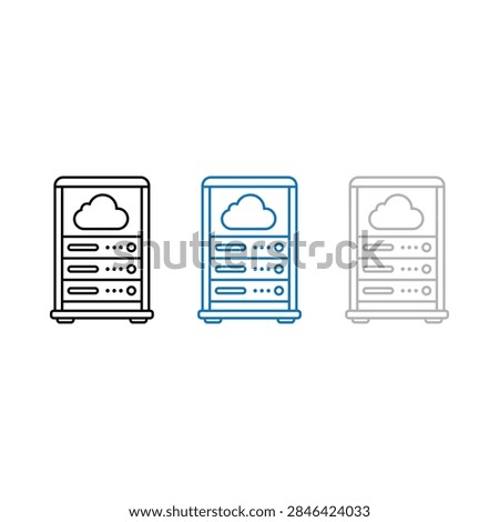 Three stylized icons representing cloud computing server racks with digital data storage elements.