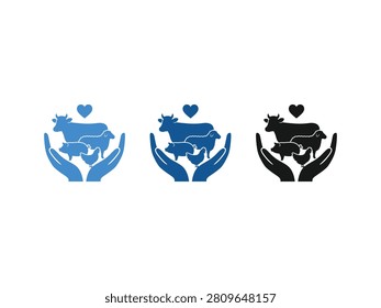 Three stylized icons representing farm animal care, featuring hands holding livestock and a heart symbol above.
