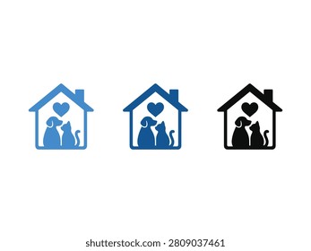 Three stylized icons representing a home with a dog and cat silhouette inside a heart shape.