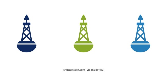 Three stylized icons representing navigation buoys in blue green and cyan colors on a white background