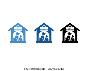 Three stylized icons representing pet boarding services featuring dog and cat silhouettes inside a house shape.