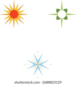 Drei stilisierte Symbole, die die Jahreszeiten darstellen: eine feurige Sonne für den Sommer, ein grünes Blattdesign für den Frühling und eine kühle blaue Schneeflocke für den Winter, alle einzeln auf weißem Hintergrund.